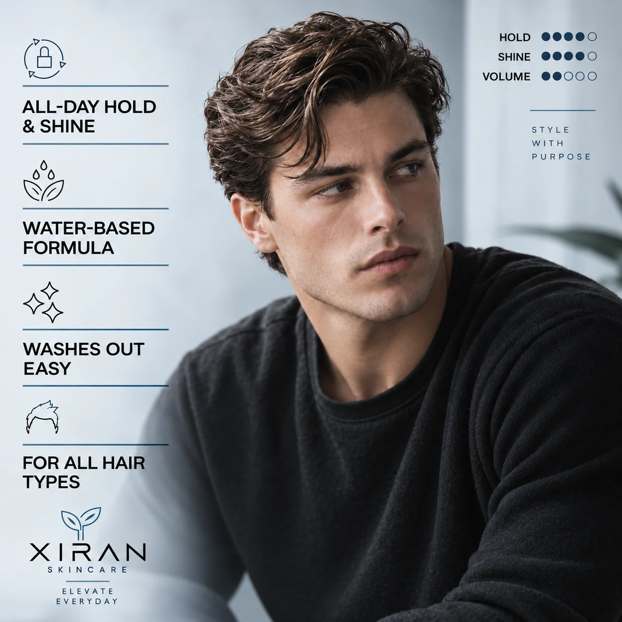 Man with styled hair wearing a black sweater, alongside text highlighting benefits of a hair styling product: all-day hold and shine, water-based formula, easy washout, and suitability for all hair types. Branding for Xiran Skincare is shown.